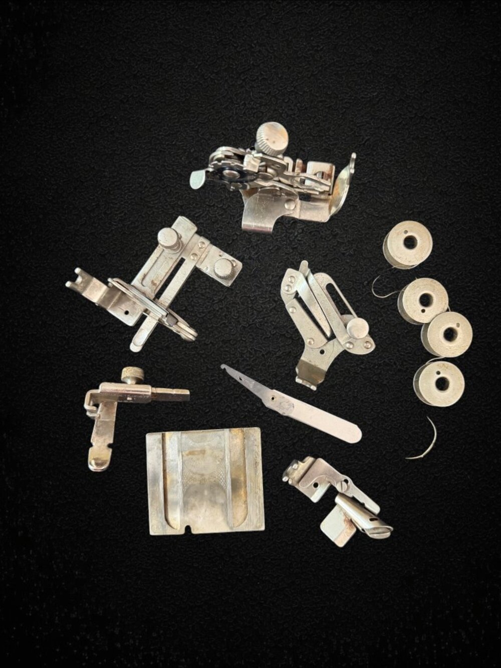 Vintage Sewing Machine Attachment Lot Ruffler Adjustable Hemmer Binder & Bobbins